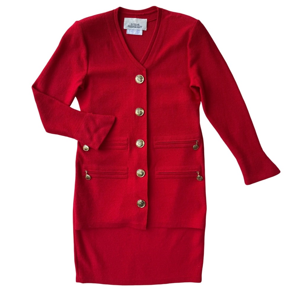 VINTAGE Steve Fabrikant Red Wool Blend Knit Skirt Suit Set Gold Button, Small